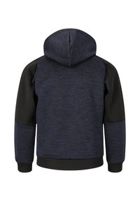 Sweat à capuche en marine foncé et noir. Il présente un tissu texturé, des poignets côtelés et une coupe classique. Couleur unie avec des manches contrastantes.