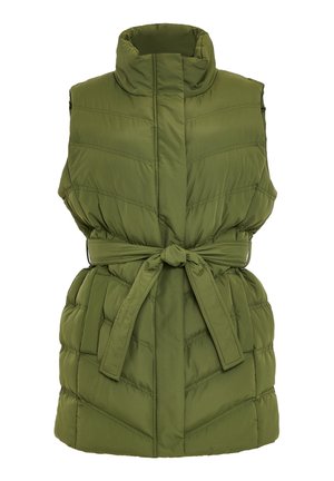 Olivgrünes ärmelloses gepolstertes Weste mit hohem Kragen, tailliertem Bund und diagonaler Steppnaht über den Körper.