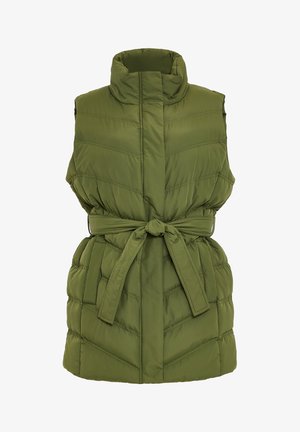Olivgrünes ärmelloses gepolstertes Weste mit hohem Kragen, tailliertem Bund und diagonaler Steppnaht über den Körper.