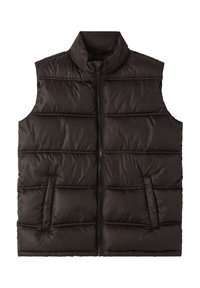 Czarna kamizelka puchowa z wysokim kołnierzem, zapinana na zamek, w poziome pikowania, z dwiema bocznymi kieszeniami. Wykonana z lekkiego, błyszczącego materiału.
