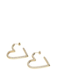 Orecchini a forma di cuore in tonalità oro con rhinestones trasparenti che delineano i bordi, caratterizzati da un design moderno aperto e chiusura a perno.