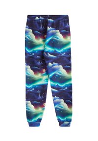 Spodnie dresowe o średnim stanie z niebiesko-fioletowym nadrukiem chmur i gwiazd, wyposażone w elastyczną talię i ściągacze dla dopasowania.