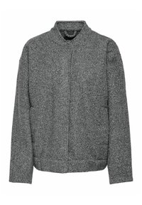 Chaqueta gris texturizada con cuello alzado, mangas largas y corte recto. Presenta un frontal limpio sin cierres ni bolsillos visibles.