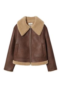 Brązowa skórzana kurtka z beżowym sztucznym kołnierzem z owczej wełny i podszewką. Posiada zamek błyskawiczny z przodu oraz boczne kieszenie. Krótki krój.