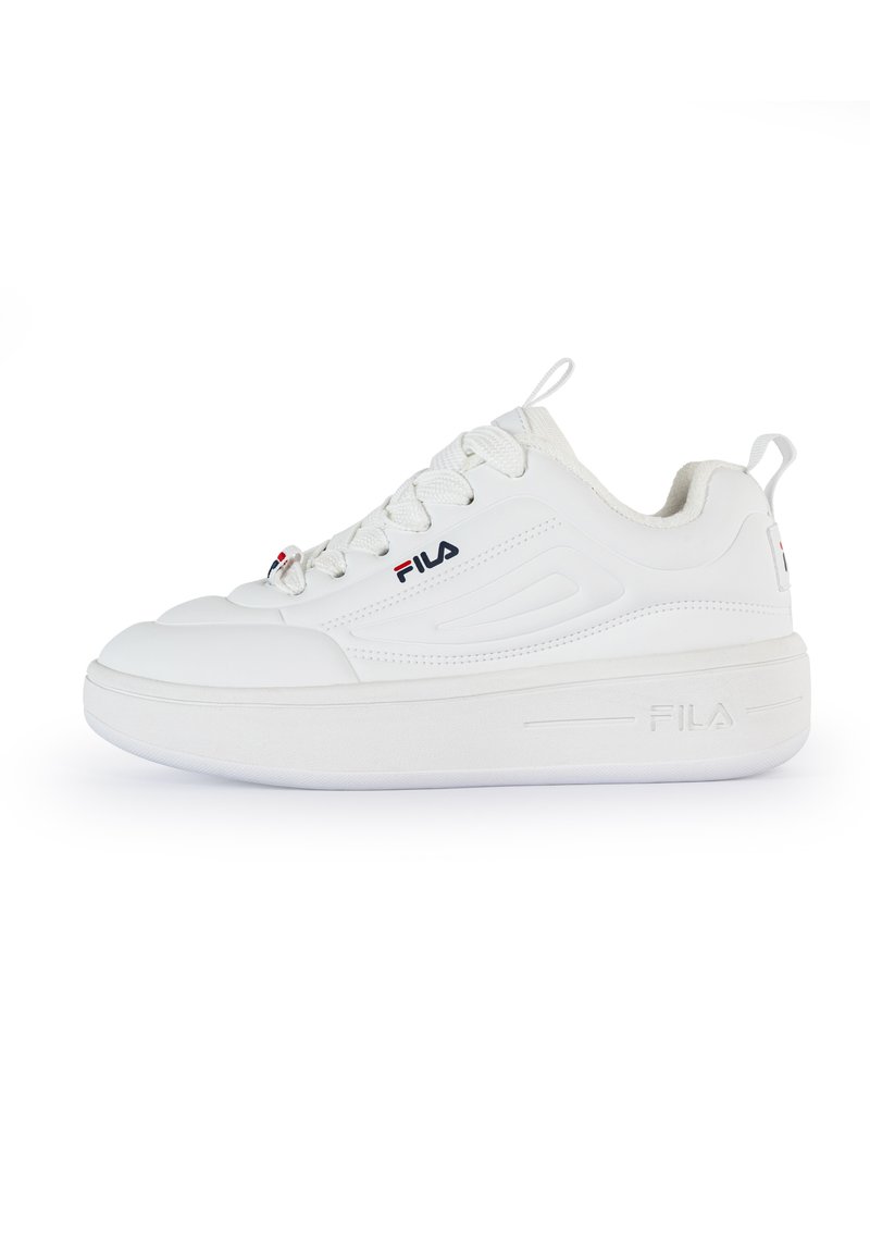 White FILA sneakers with a smooth synthetic upper, rounded toe, thick sole, and lace-up design. Features a logo on the side and back.