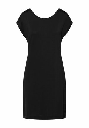 Vestito nero al ginocchio con maniche corte e scollo rotondo, con un design semplice e senza decorazioni.