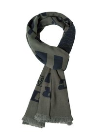 Gray scarf with dark blue geometric patterns, fringed ends, made of a soft textile material, featuring a looped design for easy wear.