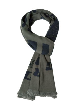 Gray scarf with dark blue geometric patterns, fringed ends, made of a soft textile material, featuring a looped design for easy wear.