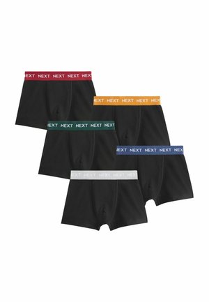 Fem par sorte boxershorts med farvede elastiske linninger i rød, orange, grøn, blå og hvid, hver mærket med "NEXT".