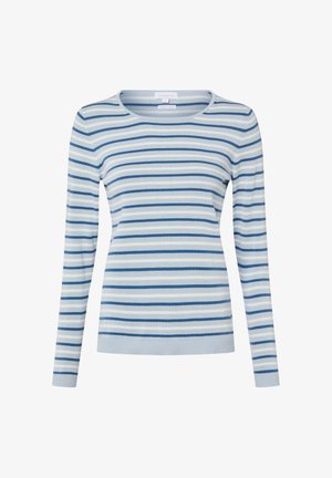 Hellblauer Pullover mit langen Ärmeln, horizontalen weißen und dunkelblauen Streifen, Rundhalsausschnitt sowie gerippten Bündchen und Saum.
