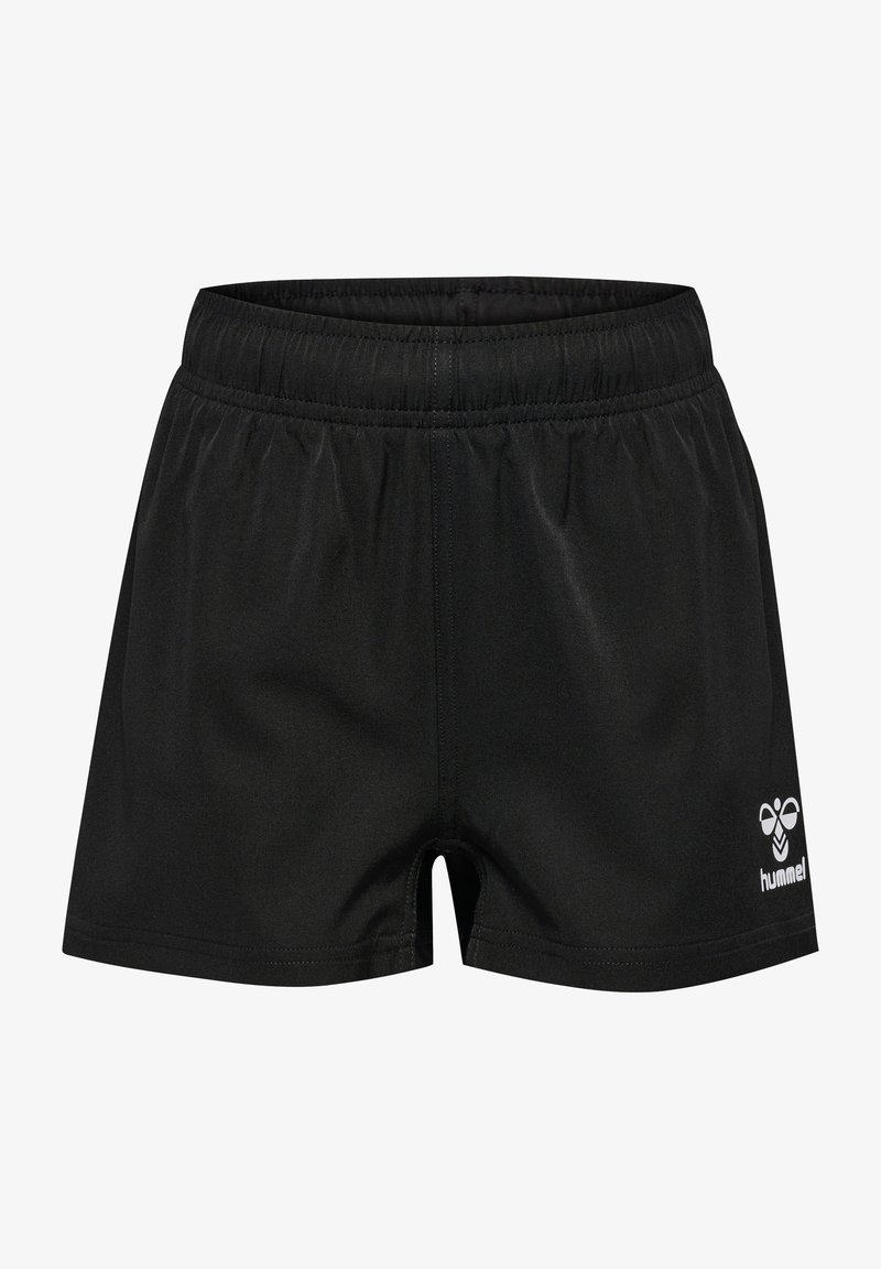 Zwarte sportshorts met een elastische tailleband, een gladde textuur en een klein wit logo aan de onderkant rechts. Geen zakken of versieringen.