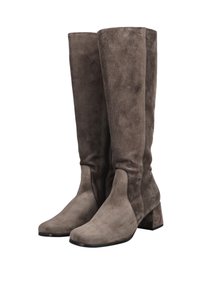 Botas de ante gris hasta la rodilla con punta cuadrada, tacón bloque y cremallera lateral. Textura suave con un diseño ajustado y detalles de panel contrastante.