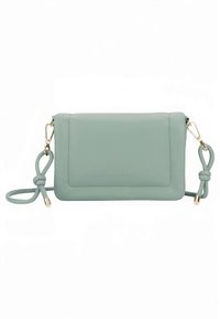 Crossbody taška z mintovo zelenej kože s obdĺžnikovým tvarom, zlatými kovovými doplnkami a detailom prúteného popruhu. Má predné vrecko.