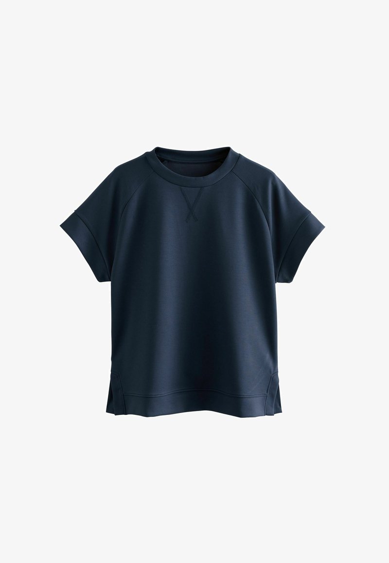 Navy blue short-sleeve sweatshirt with crew neck, cuffed sleeves, side slits, and subtle V-shaped stitching detail at collar.