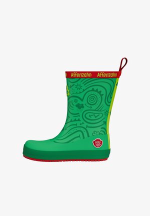 Stivale da pioggia in gomma verde con motivi astratti, suola rossa, linguetta rossa e marchio "AffenZahn" in giallo su una fascia rossa nella parte superiore.