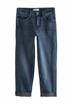Donkerblauwe denim jeans met een recht model, voorzien van vijf zakken, koperen klinknagels en opgerolde boorden aan de onderkant.