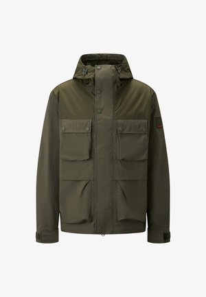 Olivgrüne Jacke mit Kapuze, ausgestattet mit Druckknöpfen, vier Fronttaschen und verstellbaren Bündchen. Leichter Stoff mit glatter Textur.