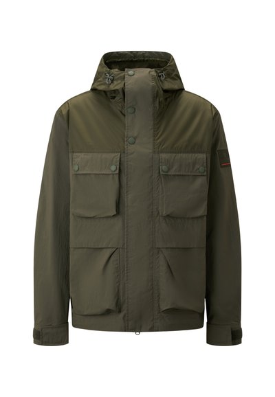 Olive green jacket with a hood, featuring snap buttons, four front pockets, and adjustable cuffs. Lightweight fabric with a smooth texture.
