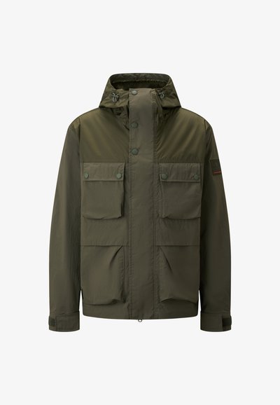 Olive green jacket with a hood, featuring snap buttons, four front pockets, and adjustable cuffs. Lightweight fabric with a smooth texture.