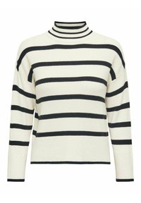 Gestreepte sweater in crème en zwart, met een hoge nek, lange mouwen, geribbelde textuur en horizontale strepen van verschillende breedtes.