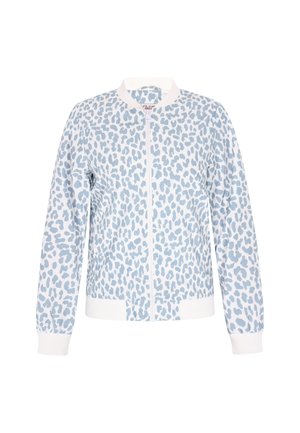 Jachetă bleu deschis cu un model leopard, guler și manșete ribbate albe, fermoar frontal și o margine ajustată. Fabricată dintr-un material moale.