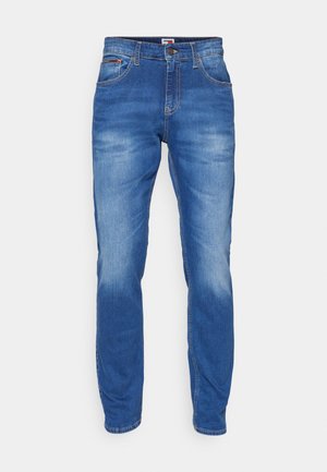 Blaue Jeans aus Denim mit geradem Bein, subtilen Verblassungen, Fünf-Taschen-Design und einem Knopfverschluss an der Taille.
