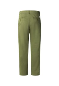 Olive green trousers with a straight-leg design, rear pockets with buttons, and minimal branding on the waistband. Smooth fabric texture.
