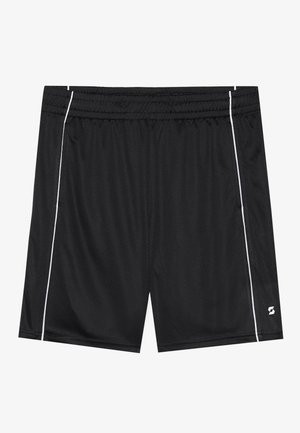 Svarta sportshorts tillverkade av mesh-material, med en ventilerande struktur, elastisk midja och vita sidostråkar. Varumärkeslogotypen syns på fållen.