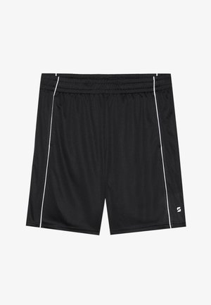 Melni sporta šorti, izgatavoti no acs auduma, ar elpojošu tekstūru, elastīgu jostasvīru un baltām sānu svītrām. Zīmola logo redzams uz apakšmales.