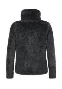 Donkergrijze fleece pullover met een hoge kraag, zachte textuur, lange mouwen en geen zichtbare sluitingen of patronen op de achterkant.