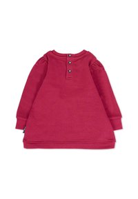 Abito fucsia a maniche lunghe con scollatura tonda, chiusura a bottone sul retro e polsini elasticizzati. Realizzato in tessuto morbido e testurizzato.