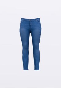 Modré džíny skinny střihu z denimu s vysokým pasem, designem s pěti kapsami a mírným vyblednutím pro zvýraznění textury a detailů.