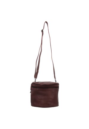 Dark brown leather crossbody bag with adjustable strap and zippered main compartment against white background.