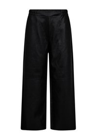 Zwarte wijde neplederen broek met elastische tailleband, medium taille, en een gladde textuur, ontworpen voor een ontspannen pasvorm.