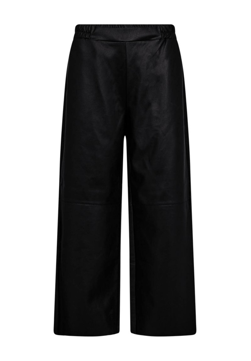 Zwarte wijde neplederen broek met elastische tailleband, medium taille, en een gladde textuur, ontworpen voor een ontspannen pasvorm.