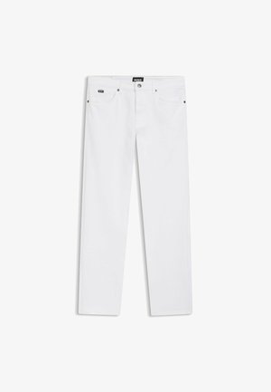Witte jeans met rechte pijpen, vijf zakken, zilveren knoop en zwarte BOSS-logo labels op de tailleband en het kleine zakje.