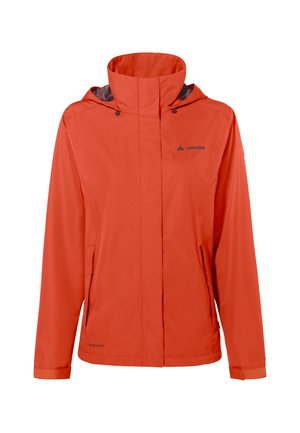 Oranje waterdichte jas met een hoge kraag, een verstelbare capuchon, zijzakken en zwarte accenten. Heeft een gladde, lichte textuur.