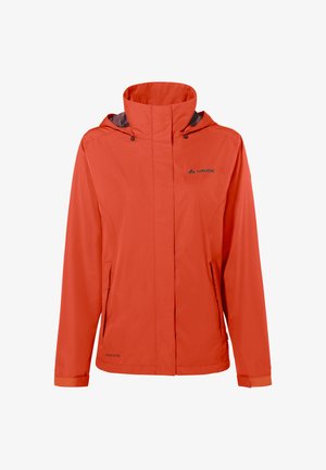 Orangene wasserdichte Jacke mit hohem Kragen, verstellbarem Kapuze, seitlichen Taschen und schwarzen Akzenten. Sie hat eine glatte, leichte Textur.