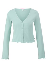 Mátově zelený žebrovaný kardigan s dlouhými rukávy, V-výstřihem a zvlněným lemem. Disponuje předními knoflíky a přiléhavým střihem.