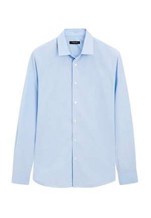 Hellblaues langärmeliges Hemd aus Baumwolle mit durchgehender Knopfleiste, klassischem Kragen und einfarbiger Textur. Mit genähten Manschetten und Saum versehen.