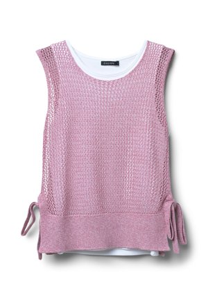 Haut sans manches tricoté rose avec une couche intérieure blanche, présentant un motif texturé et des accents à nouer sur les côtés.