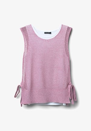 Top senza maniche lavorato a maglia rosa con uno strato interno bianco, caratterizzato da un motivo testurizzato e dettagli con lacci sui lati.