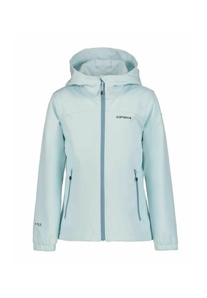 Light blue softshell jacket with hood, front zipper, two zippered pockets, and brand logos on chest and sleeve.