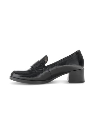 Black patent leather loafer with a block heel, rounded toe, and stitched detailing on the front. Smooth texture, glossy finish.