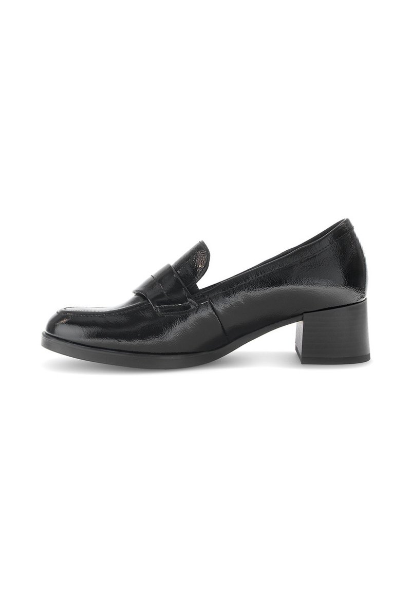 Black patent leather loafer with a block heel, rounded toe, and stitched detailing on the front. Smooth texture, glossy finish.