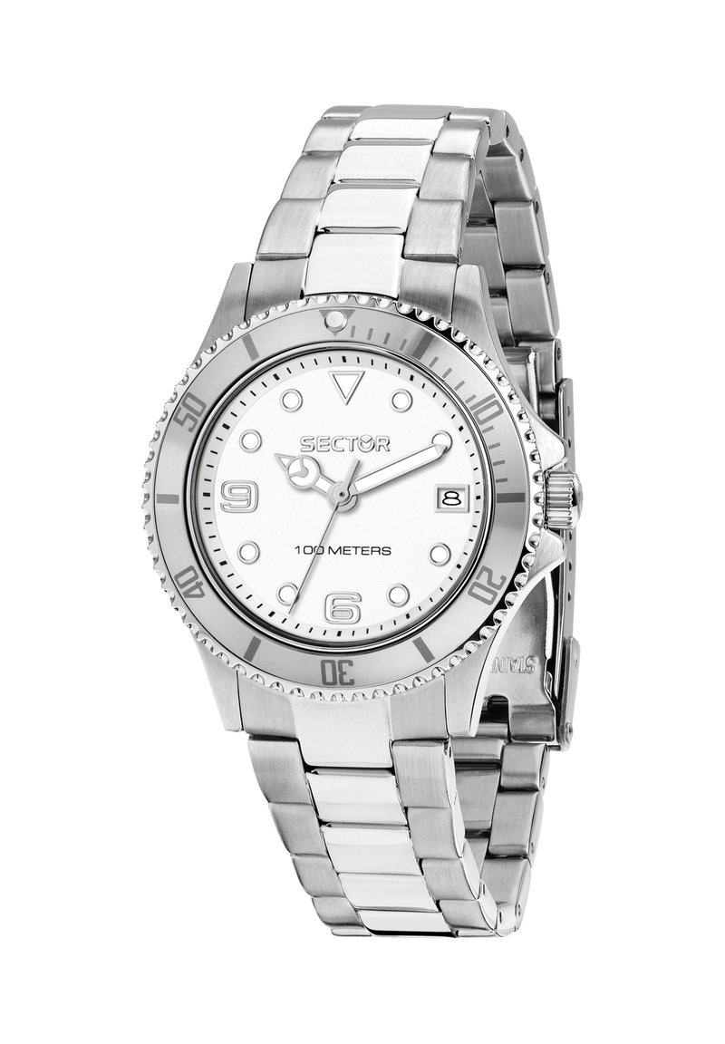 Orologio in acciaio inossidabile argento con quadrante bianco, indici delle ore evidenti, finestra della data e lunetta girevole, indicata per 100 metri.