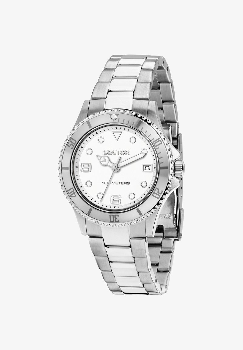 Orologio in acciaio inossidabile argento con quadrante bianco, indici delle ore evidenti, finestra della data e lunetta girevole, indicata per 100 metri.