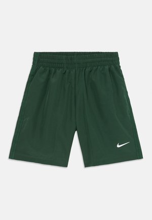 Grønne shorts laget av lett stoff, med elastisk midje, sidelommer og en hvit Nike-logo på nederste venstre front.