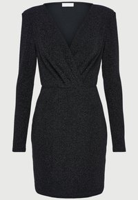 Μαύρο γυαλιστερό φόρεμα μακρυμάνικο με βαθύ V ντεκολτέ και στριμμένη λεπτομέρεια στη μέση, διαθέτοντας στενή σιλουέτα και λείο υφή.