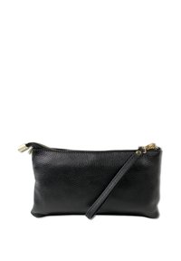 Zwarte leren pouch met een gebobbeld textuur, gouden rits en eenafneembare polsband voor gemakkelijke draagbaarheid. Compact rechthoekige vorm.